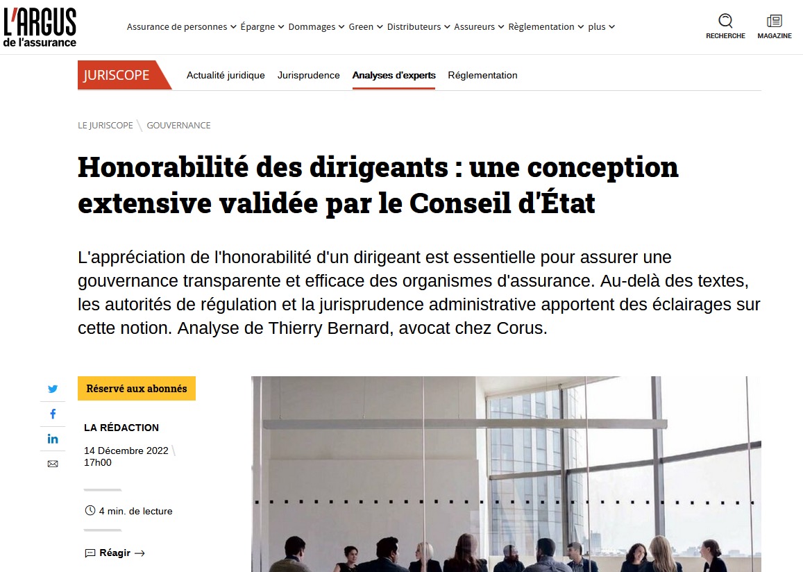 Publication dans l’Argus de l’assurance du 15 décembre 2022 d’un article de Thierry Bernard sur l’honorabilité des dirigeants